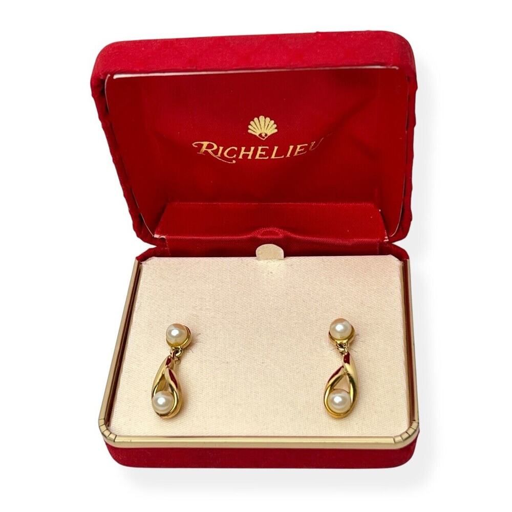 Richelieu Faux Pearl Dangle Earrings Pierced Gold Tone Signed Original Box Vtg